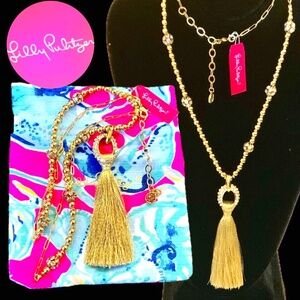 Lilly Pulitzer NWT CRYSTAL GOLD LINK TASSEL NECKLACE⭐️STUNNING NEW + Lilly POUCH